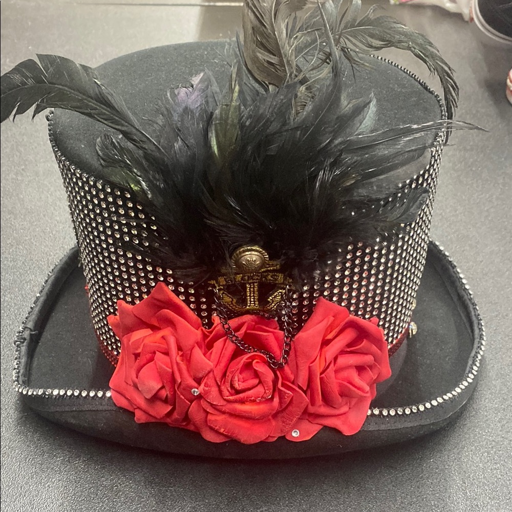 Gemvie Black and Red Feathered Hat with Rhinestones